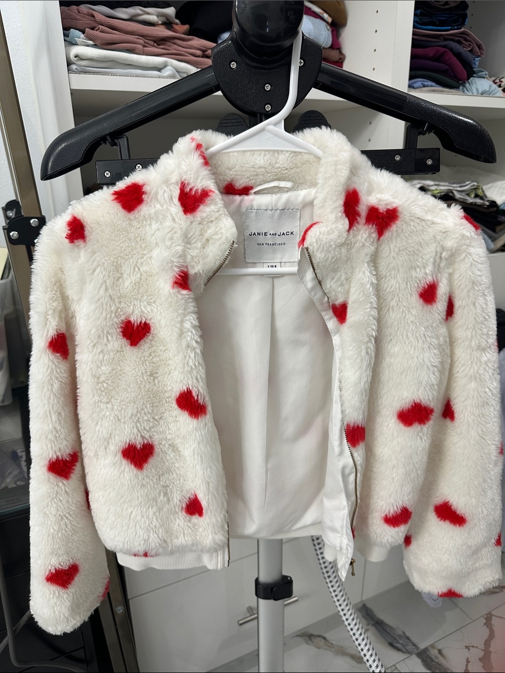Janie and Jack White Faux-Fur Puffer Jacket with Red Heart Print